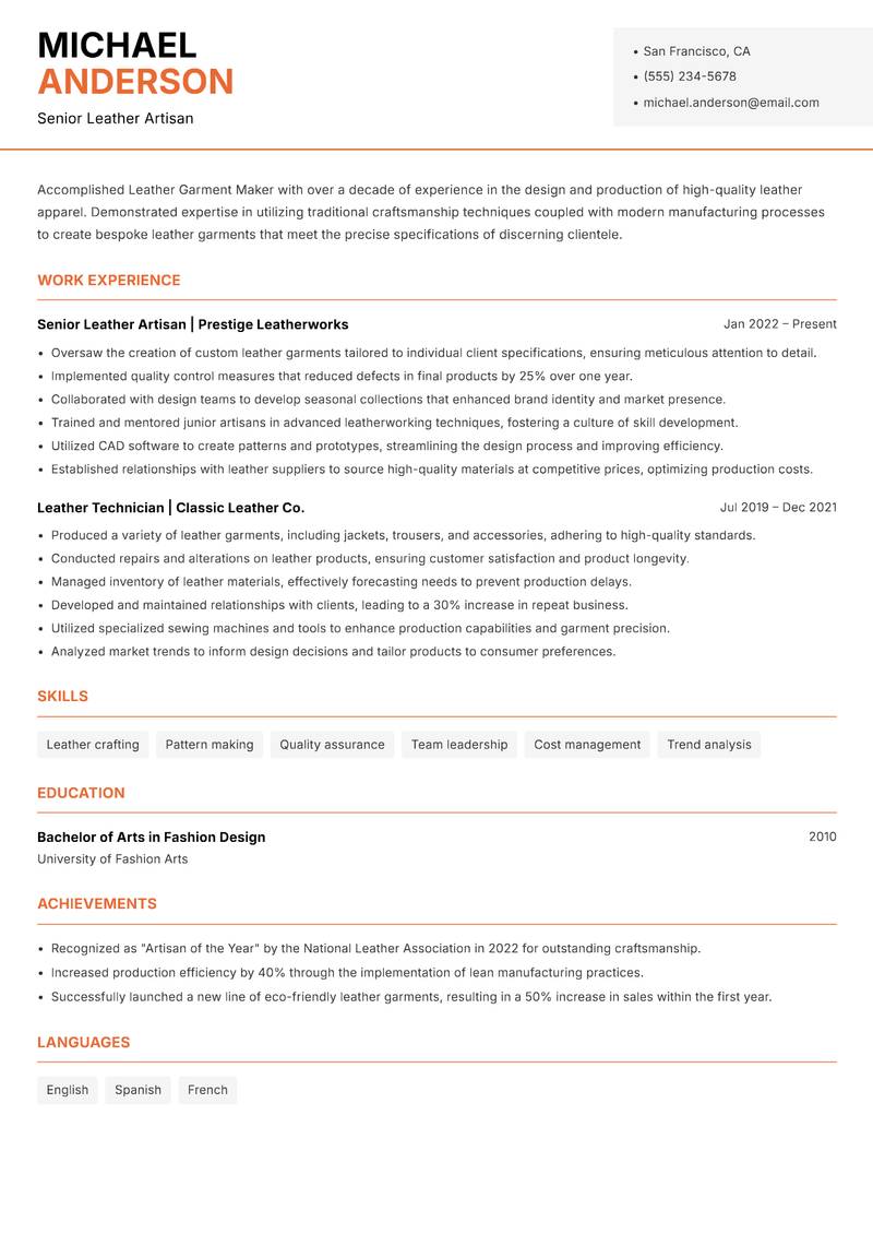 Leather Garment Maker resume sample — Senior Leather Artisan focus