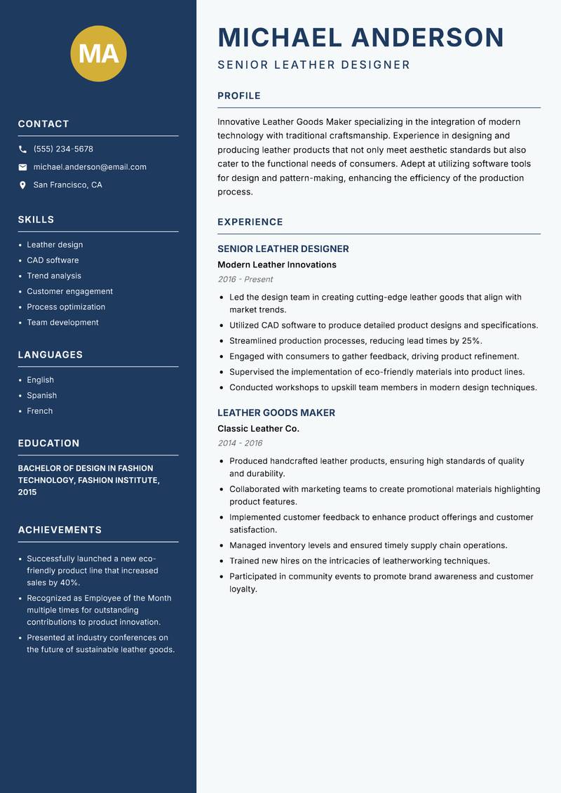 Leather Goods Maker resume sample — Senior Leather Designer focus