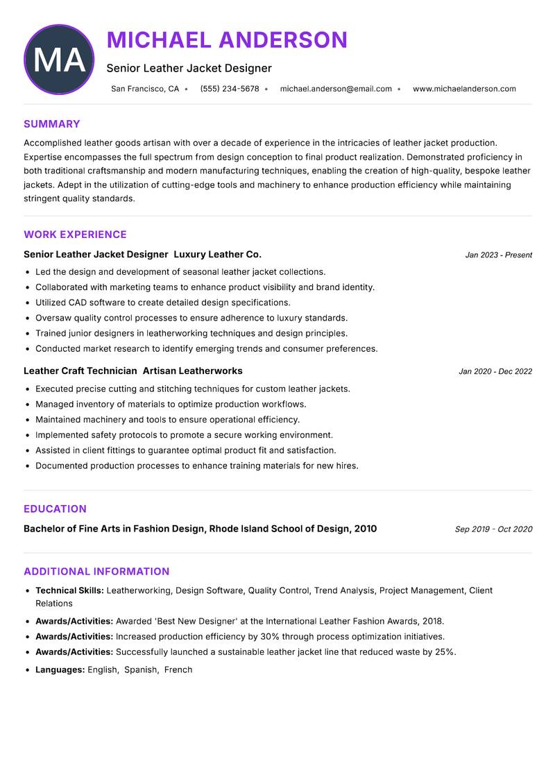 Leather Jacket Maker resume example