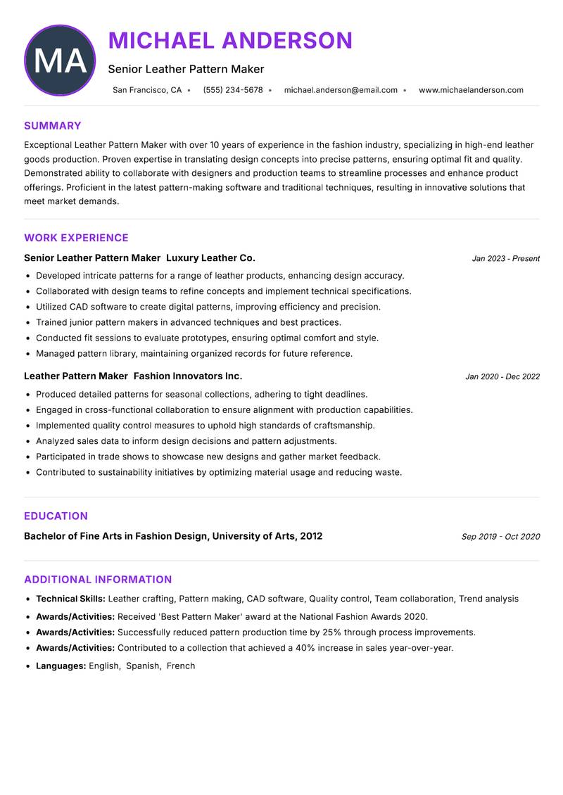 Leather Pattern Maker resume example
