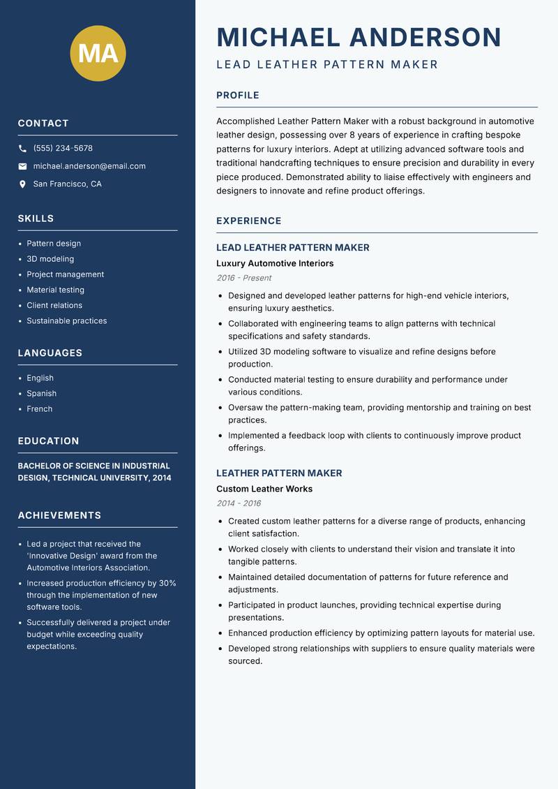 Leather Pattern Maker resume sample — Lead Leather Pattern Maker focus
