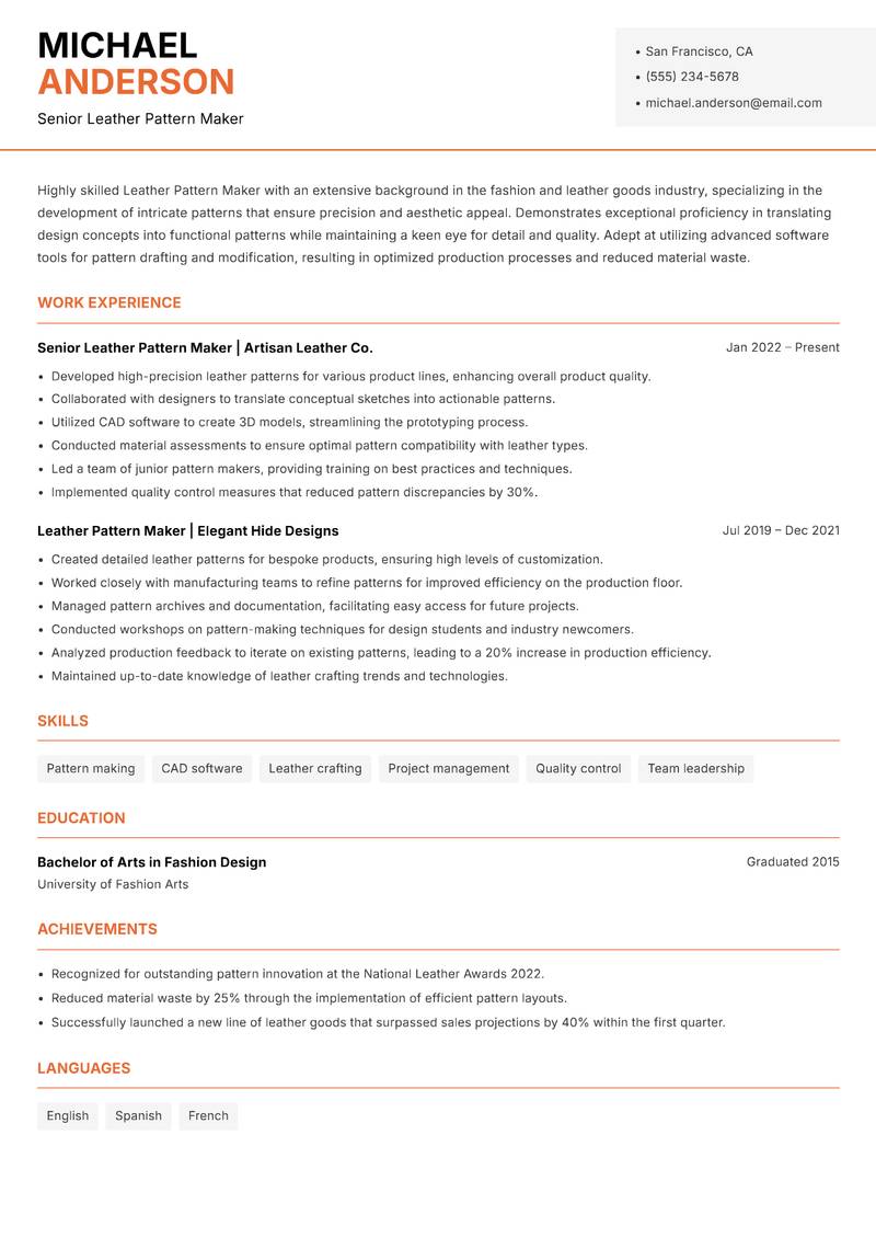 Leather Pattern Maker resume sample — Senior Leather Pattern Maker focus