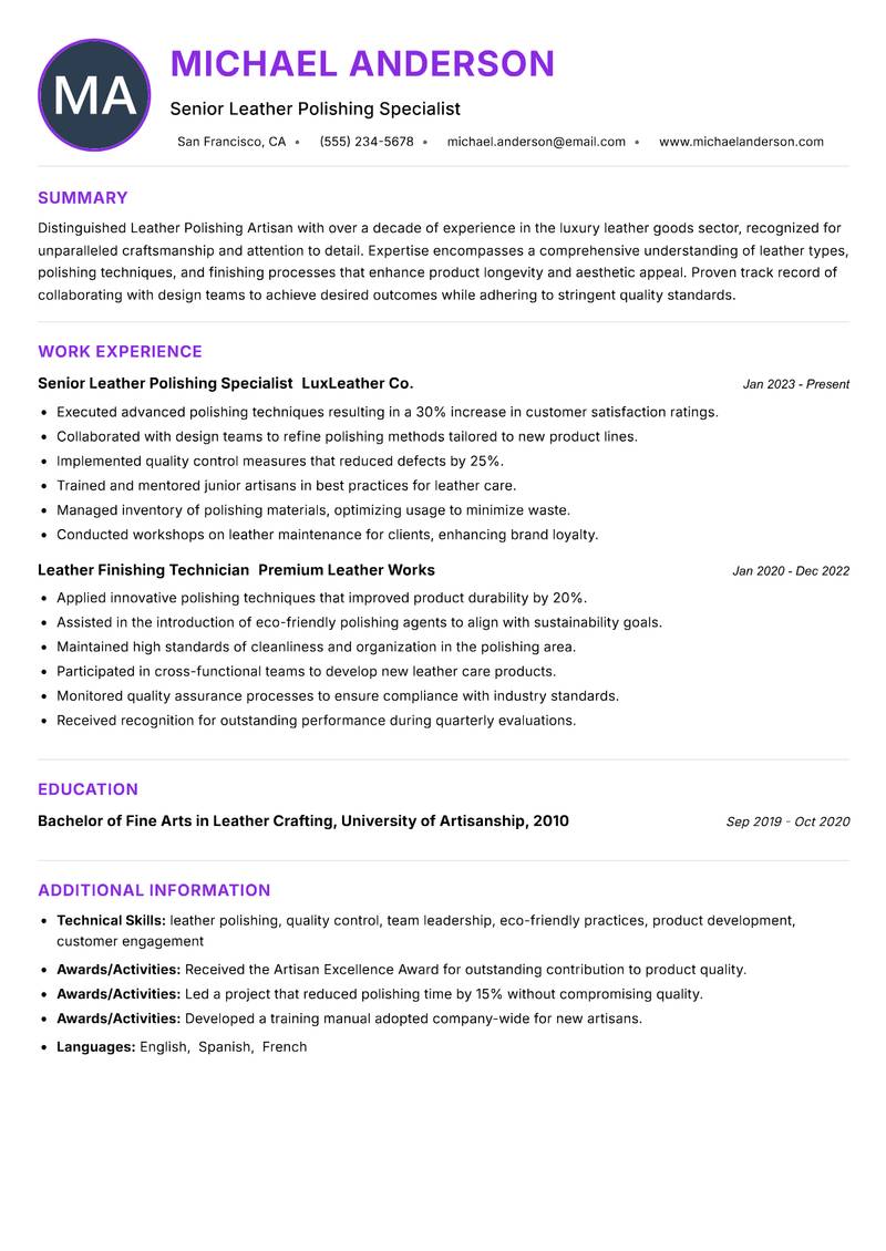 Leather Polishing Artisan resume example