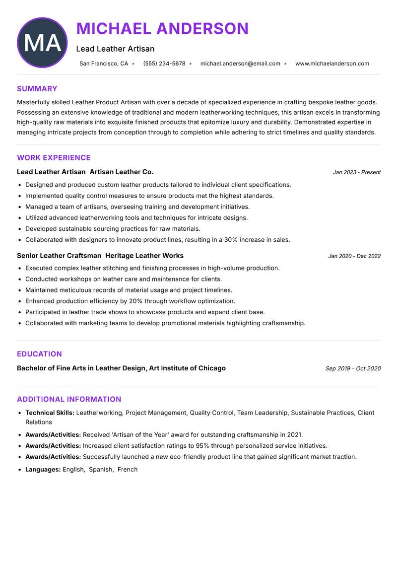 Leather Product Artisan resume example