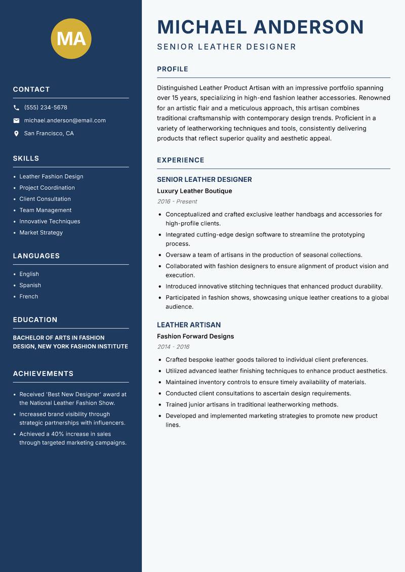 Leather Product Artisan resume sample — Senior Leather Designer focus