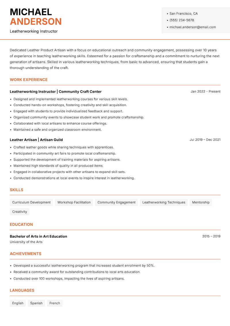 Leather Product Artisan resume sample — Leatherworking Instructor focus