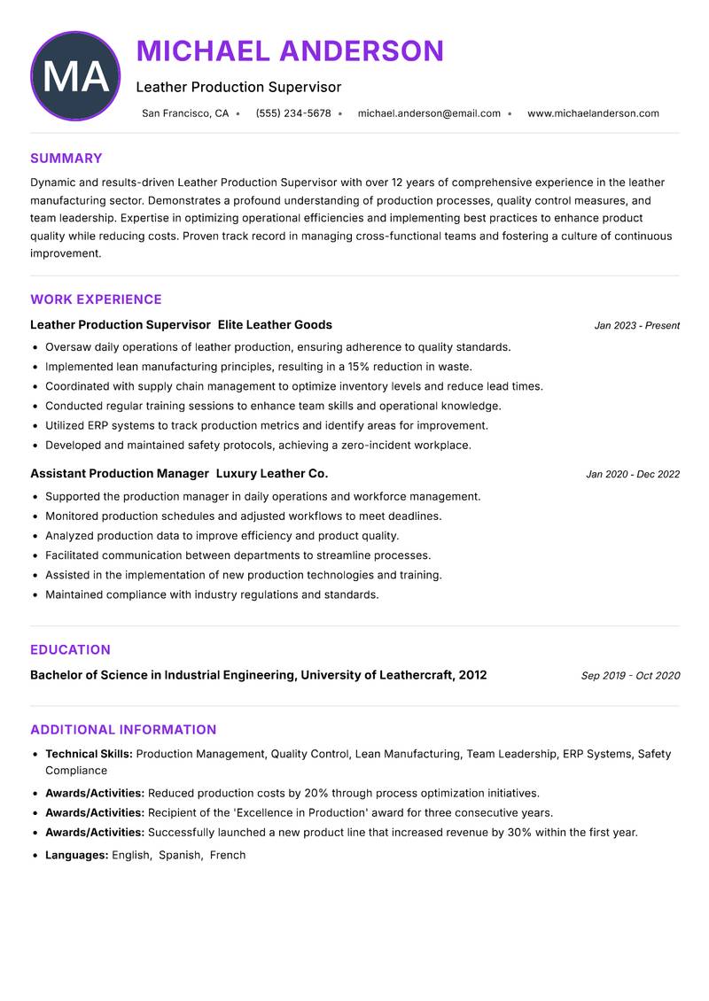 Leather Production Supervisor resume example