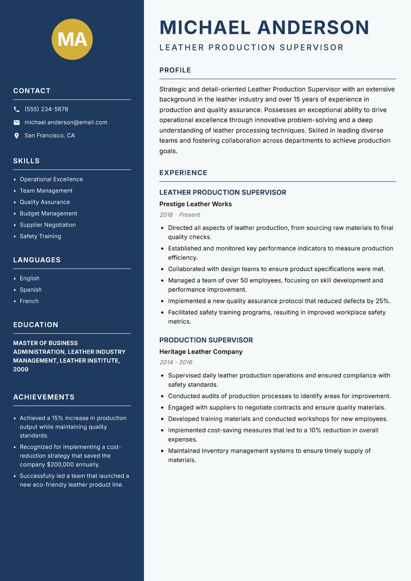 Leather Production Supervisor resume sample — Leather Production Supervisor focus