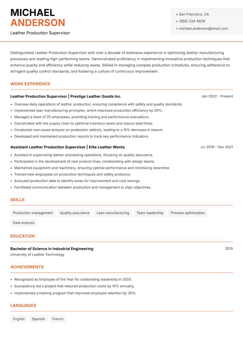 Leather Production Supervisor resume sample — Leather Production Supervisor focus