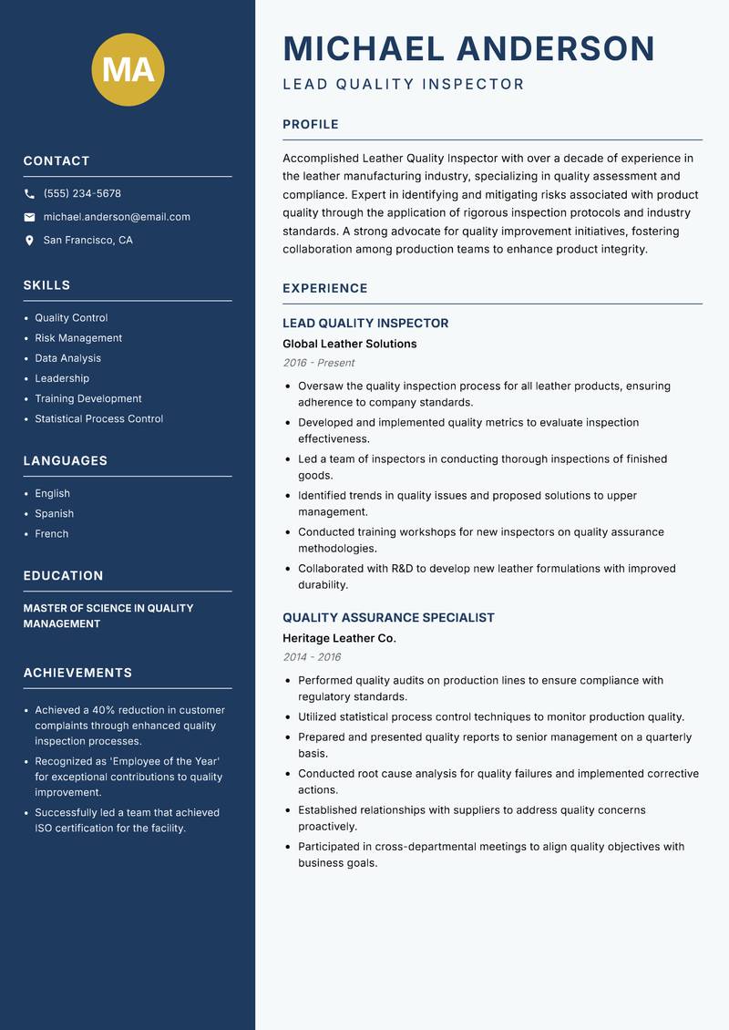 Leather Quality Inspector resume sample — Lead Quality Inspector focus