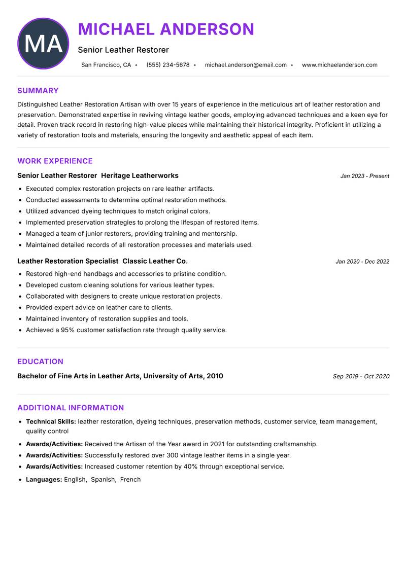 Leather Restoration Artisan resume example