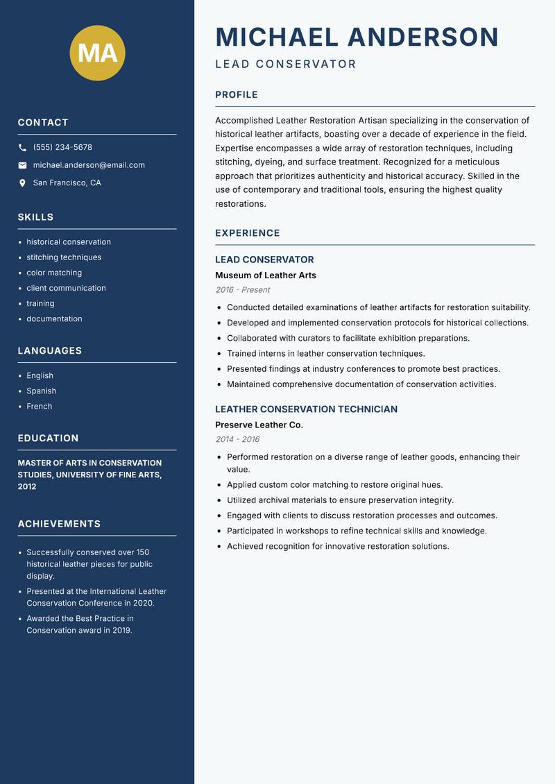 Leather Restoration Artisan resume sample — Lead Conservator focus