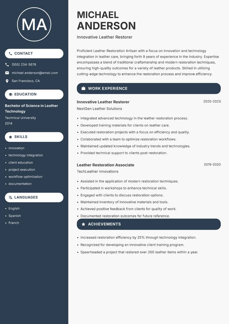 Leather Restoration Artisan resume sample — Innovative Leather Restorer focus