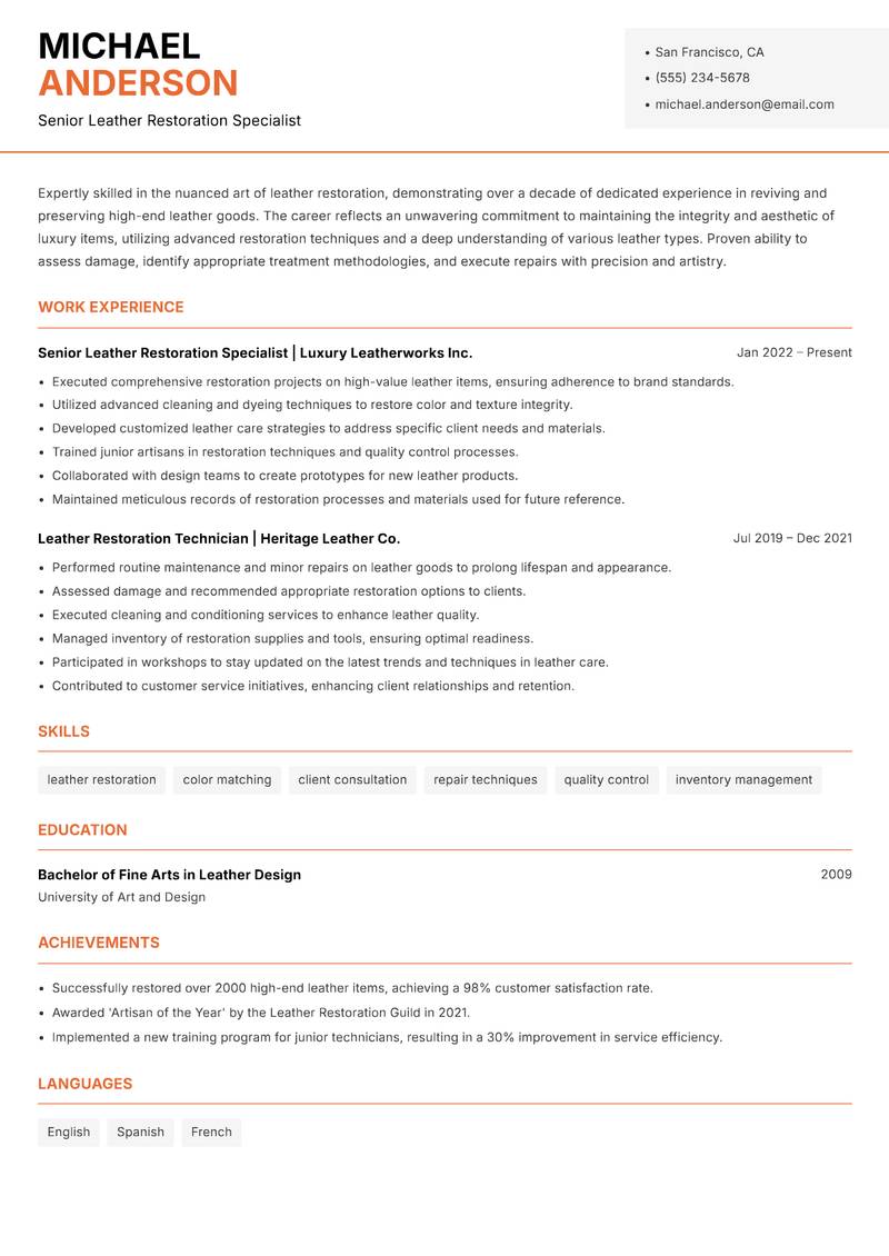 Leather Restoration Artisan resume sample — Senior Leather Restoration Specialist focus