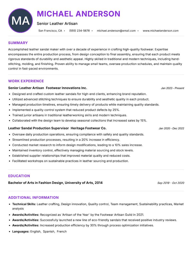 Leather Sandal Maker resume example