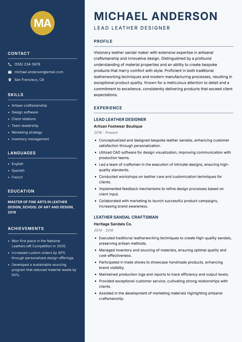Leather Sandal Maker resume sample — Lead Leather Designer focus