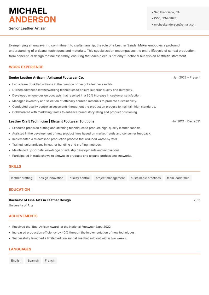 Leather Sandal Maker resume sample — Senior Leather Artisan focus