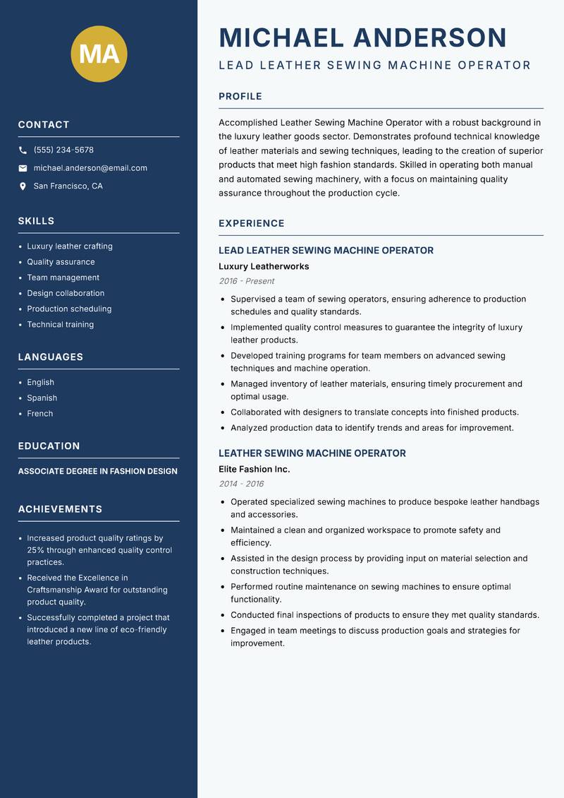 Leather Sewing Machine Operator resume sample — Lead Leather Sewing Machine Operator focus
