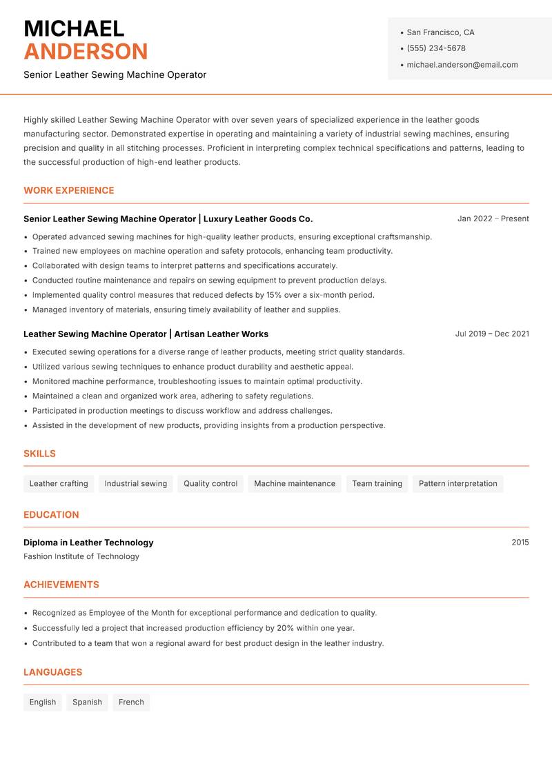 Leather Sewing Machine Operator resume sample — Senior Leather Sewing Machine Operator focus