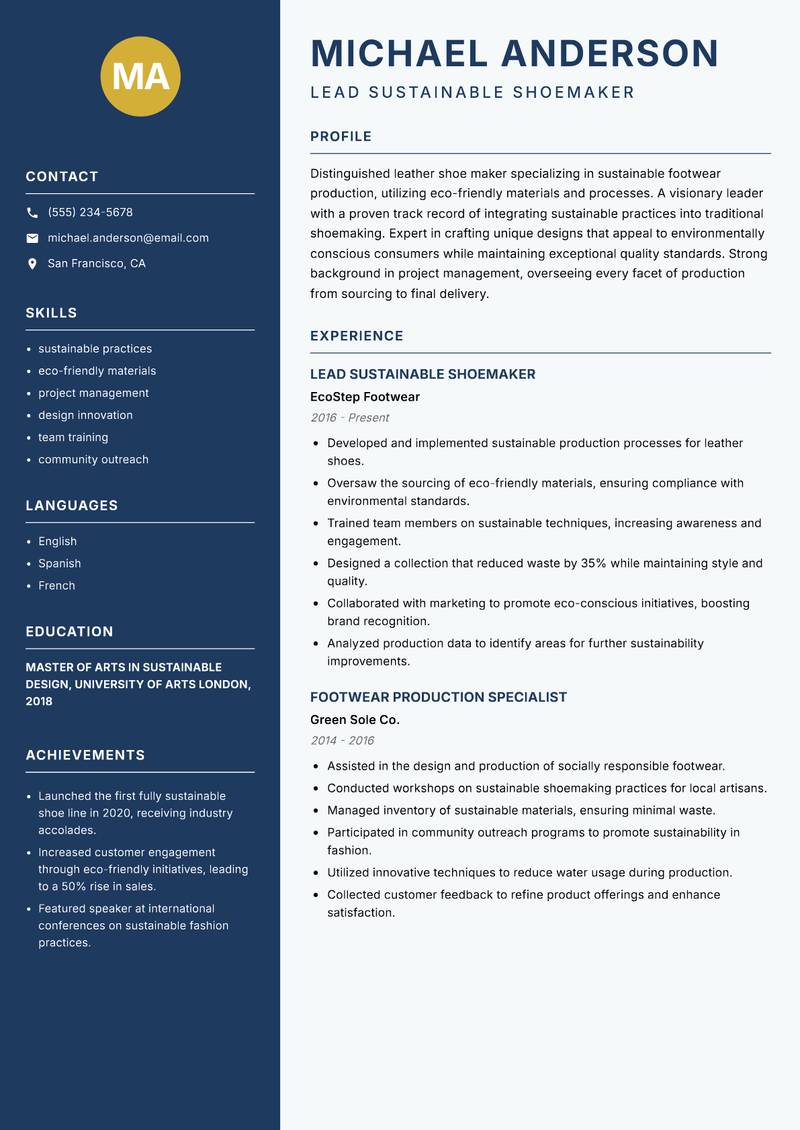 Leather Shoe Maker resume sample — Lead Sustainable Shoemaker focus