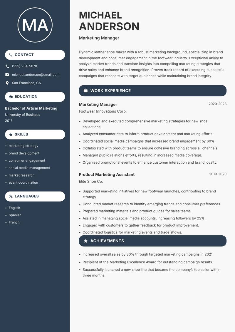 Leather Shoe Maker resume sample — Marketing Manager focus