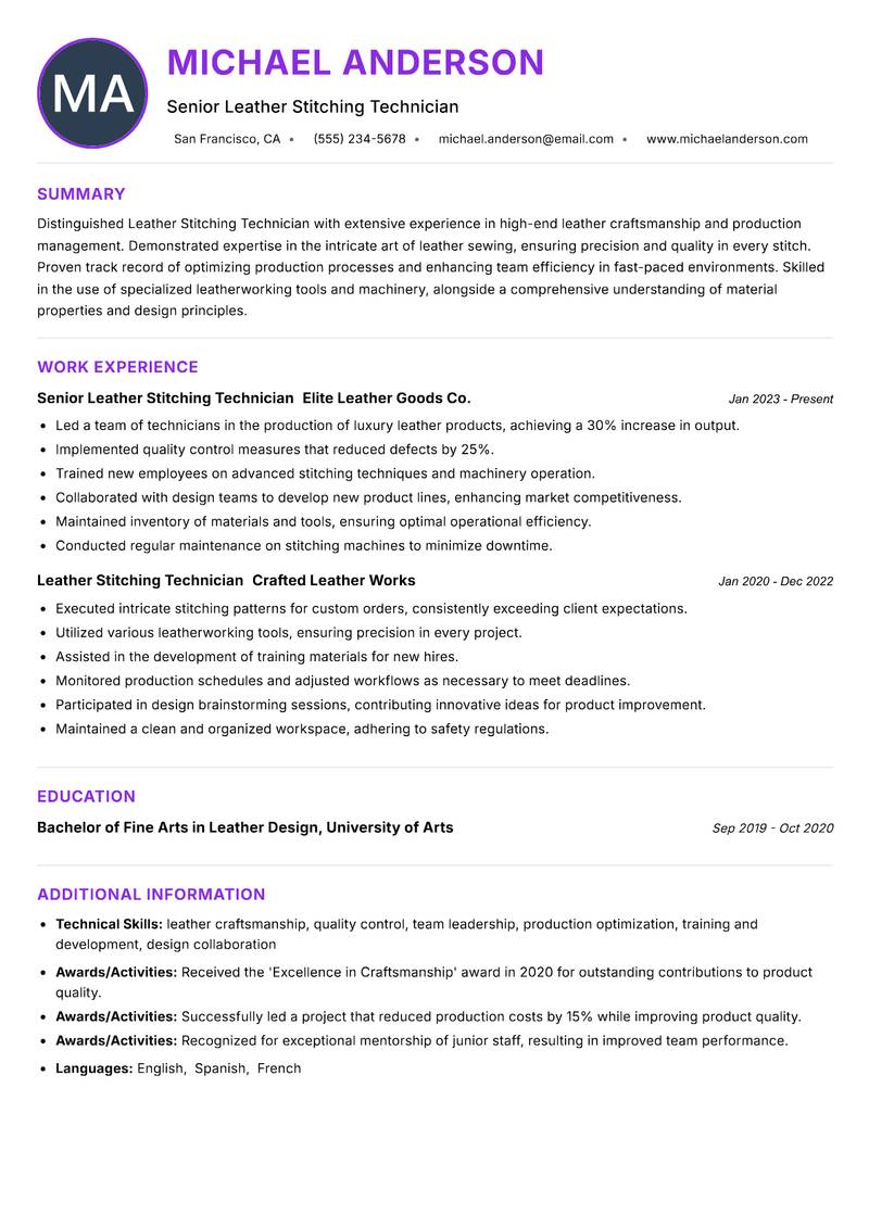 Leather Stitching Technician resume example