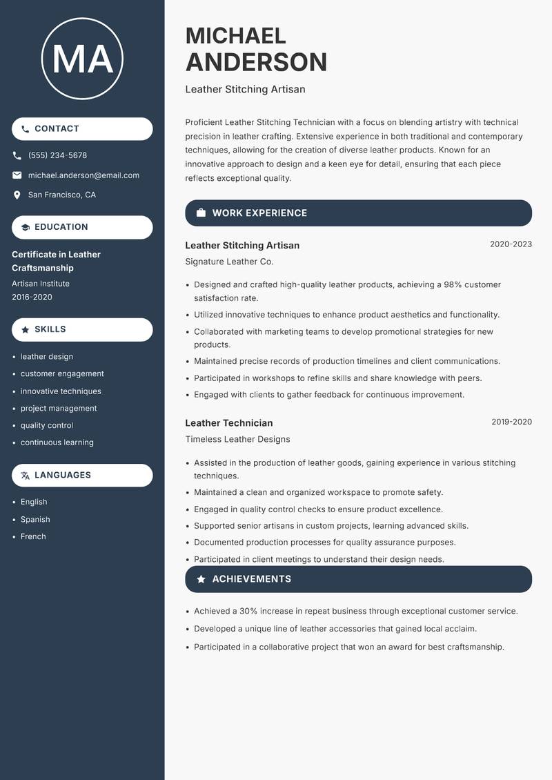 Leather Stitching Technician resume sample — Leather Stitching Artisan focus