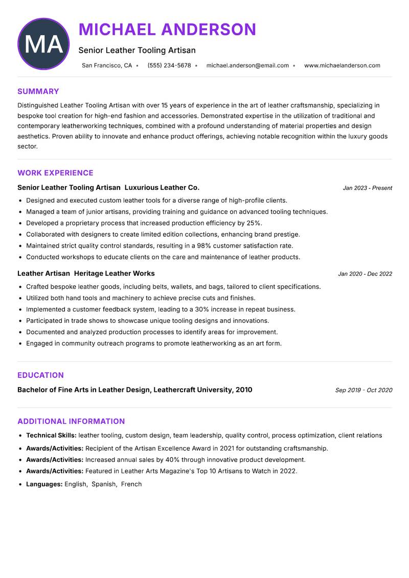 Leather Tooling Artisan resume example