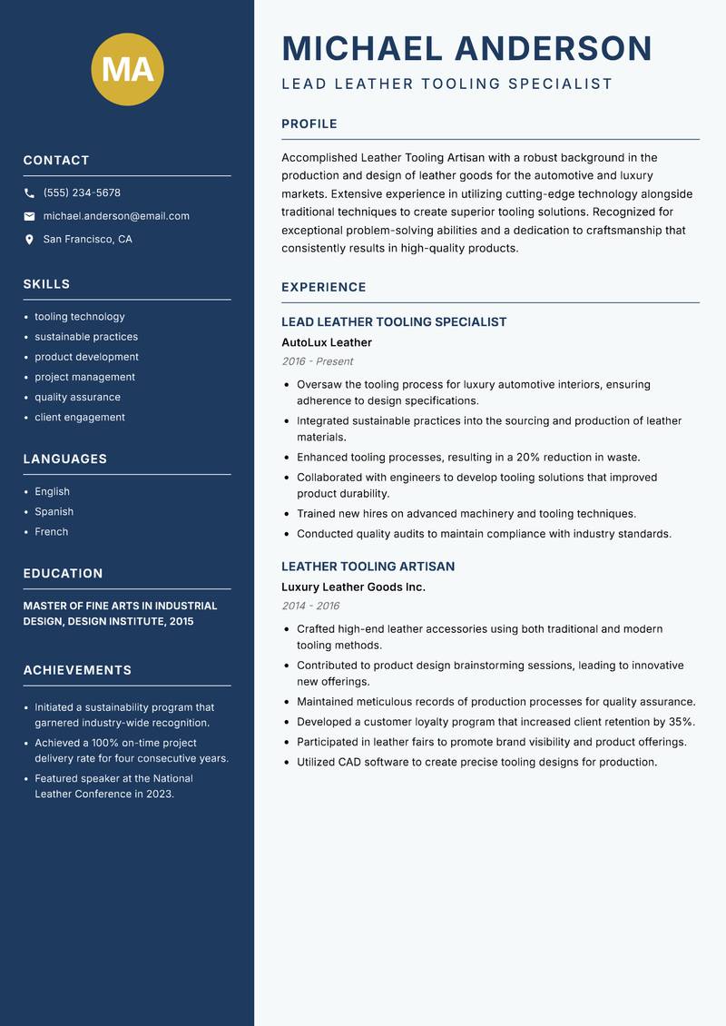Leather Tooling Artisan resume sample — Lead Leather Tooling Specialist focus