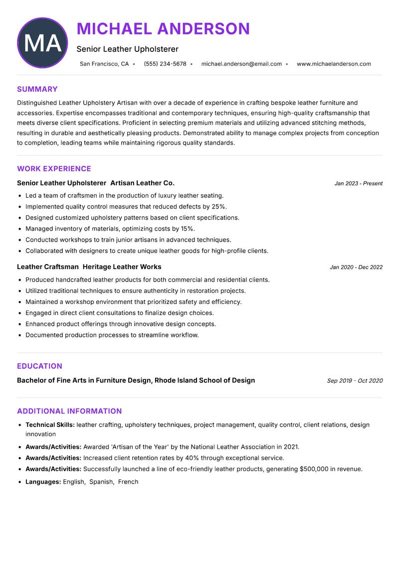 Leather Upholstery Artisan resume example