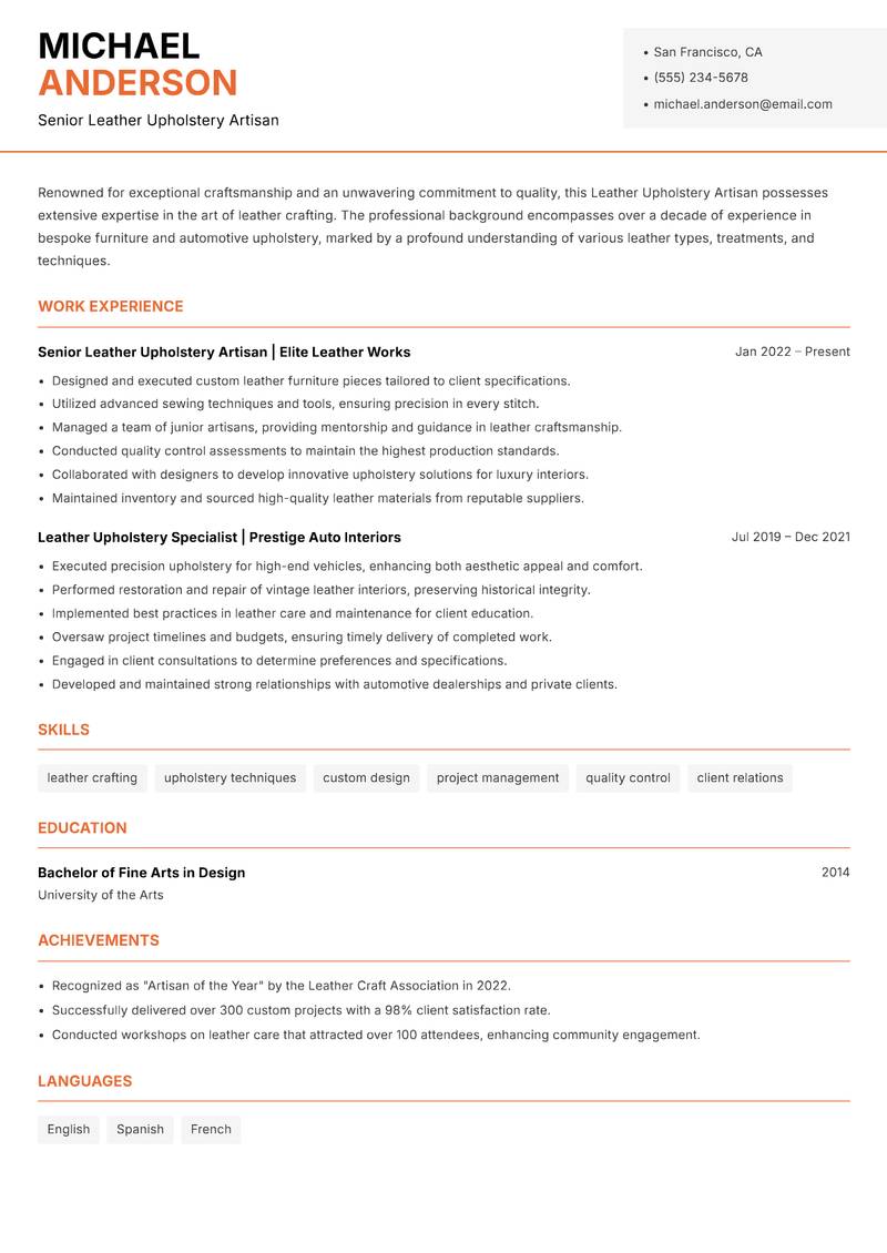 Leather Upholstery Artisan resume sample — Senior Leather Upholstery Artisan focus