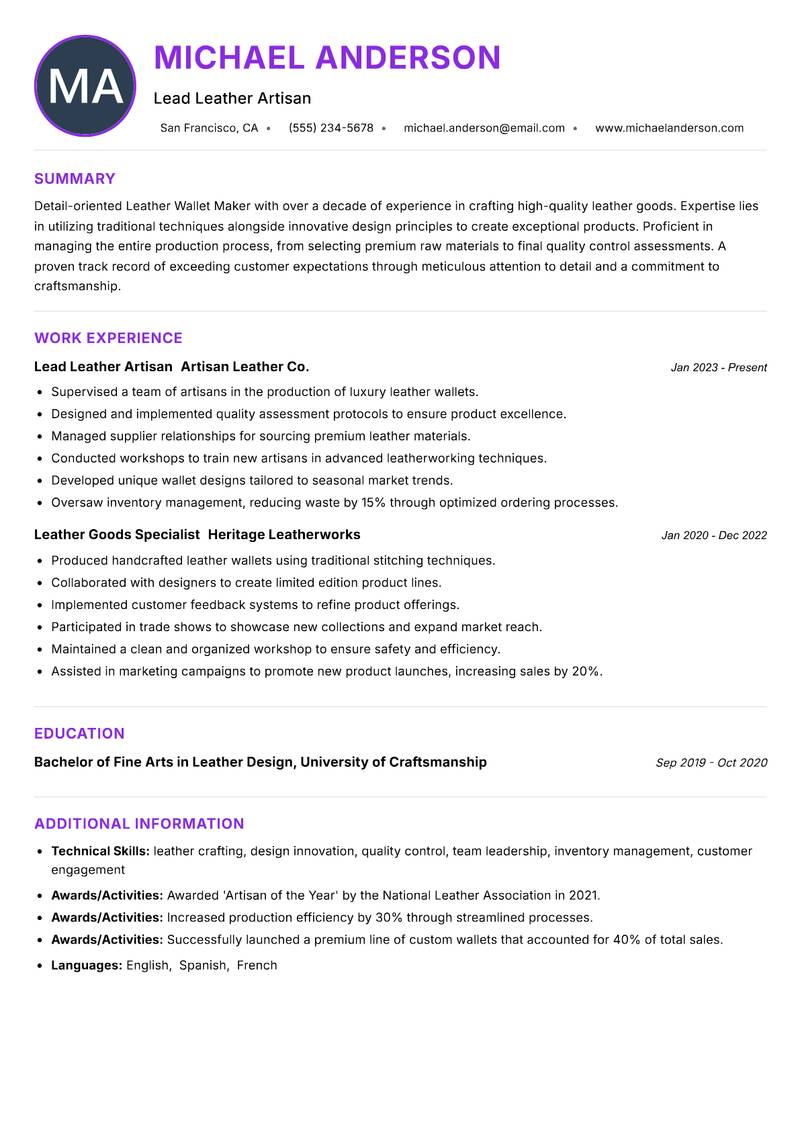 Leather Wallet Maker resume example
