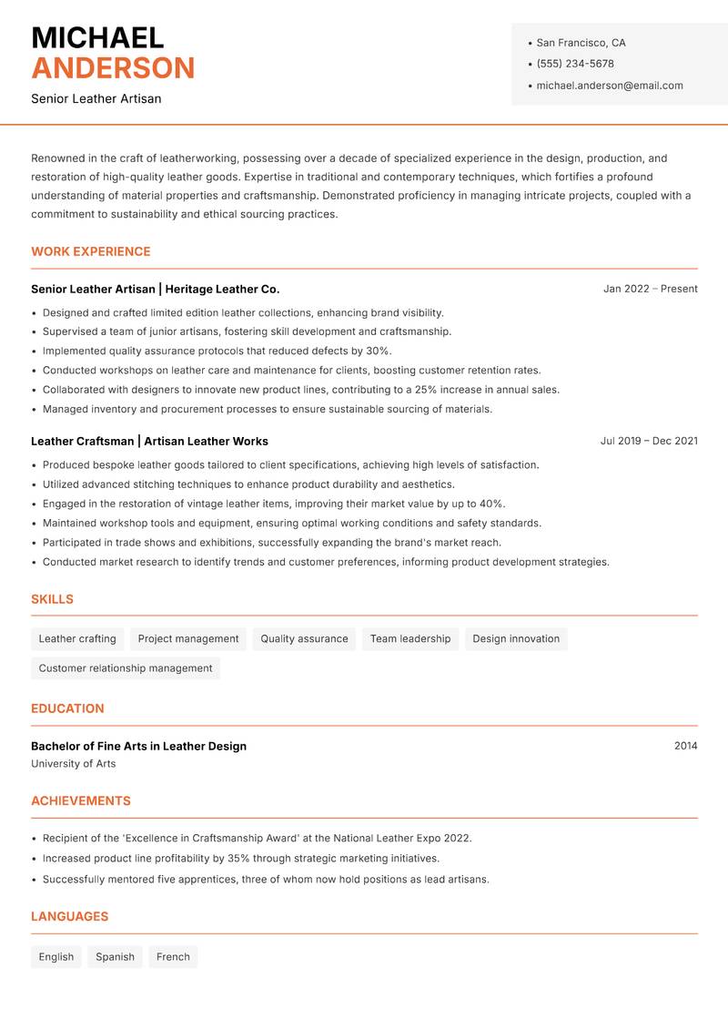Leather Worker resume sample — Senior Leather Artisan focus