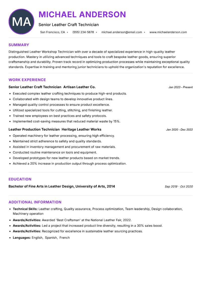Leather Workshop Technician resume example