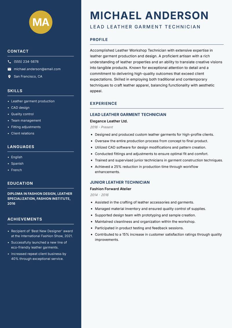 Leather Workshop Technician resume sample — Lead Leather Garment Technician focus