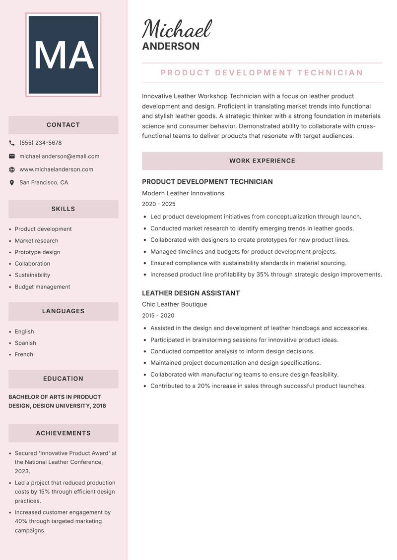 Leather Workshop Technician resume sample — Product Development Technician focus
