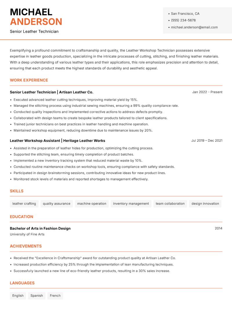 Leather Workshop Technician resume sample — Senior Leather Technician focus