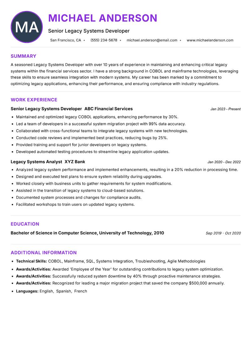 Legacy Systems Developer resume example