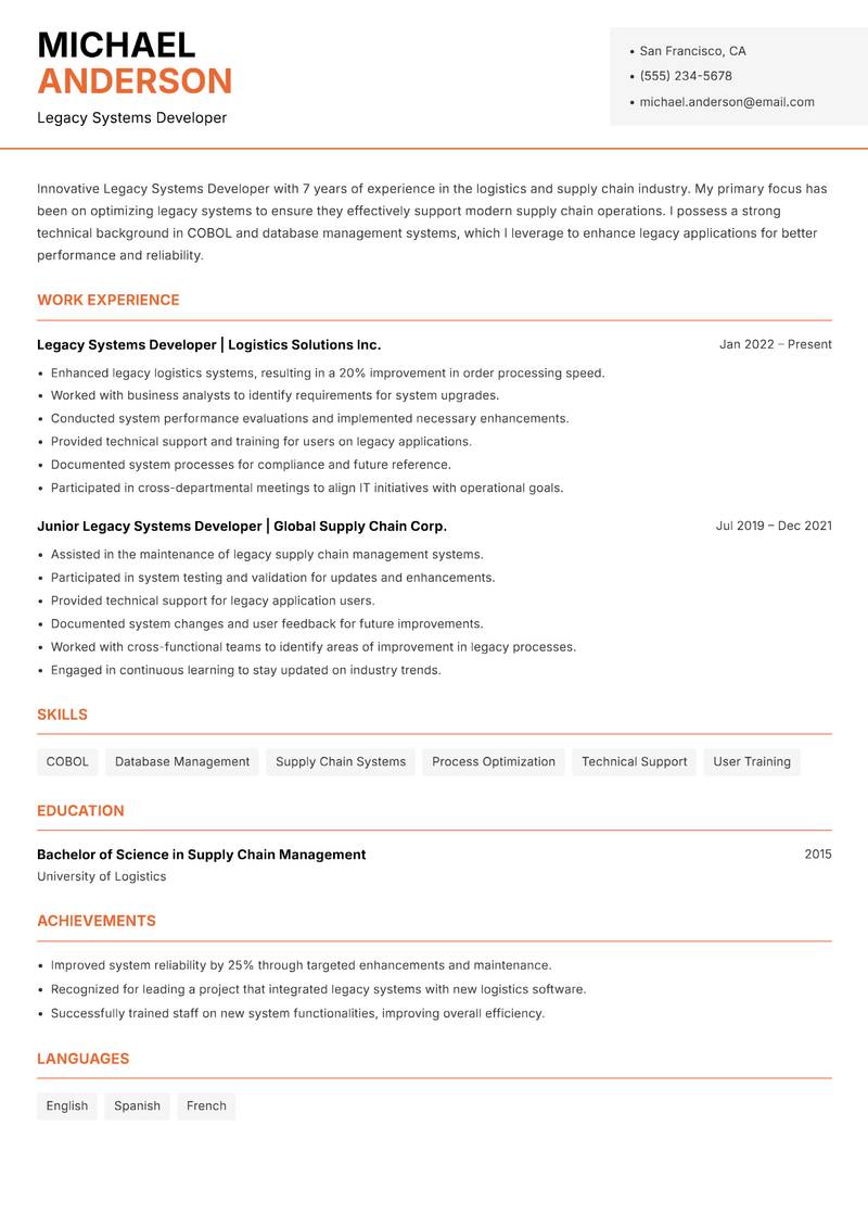 Legacy Systems Developer resume sample — Legacy Systems Developer focus