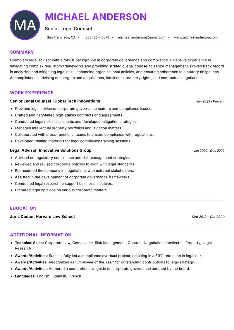 Legal Advisor resume example