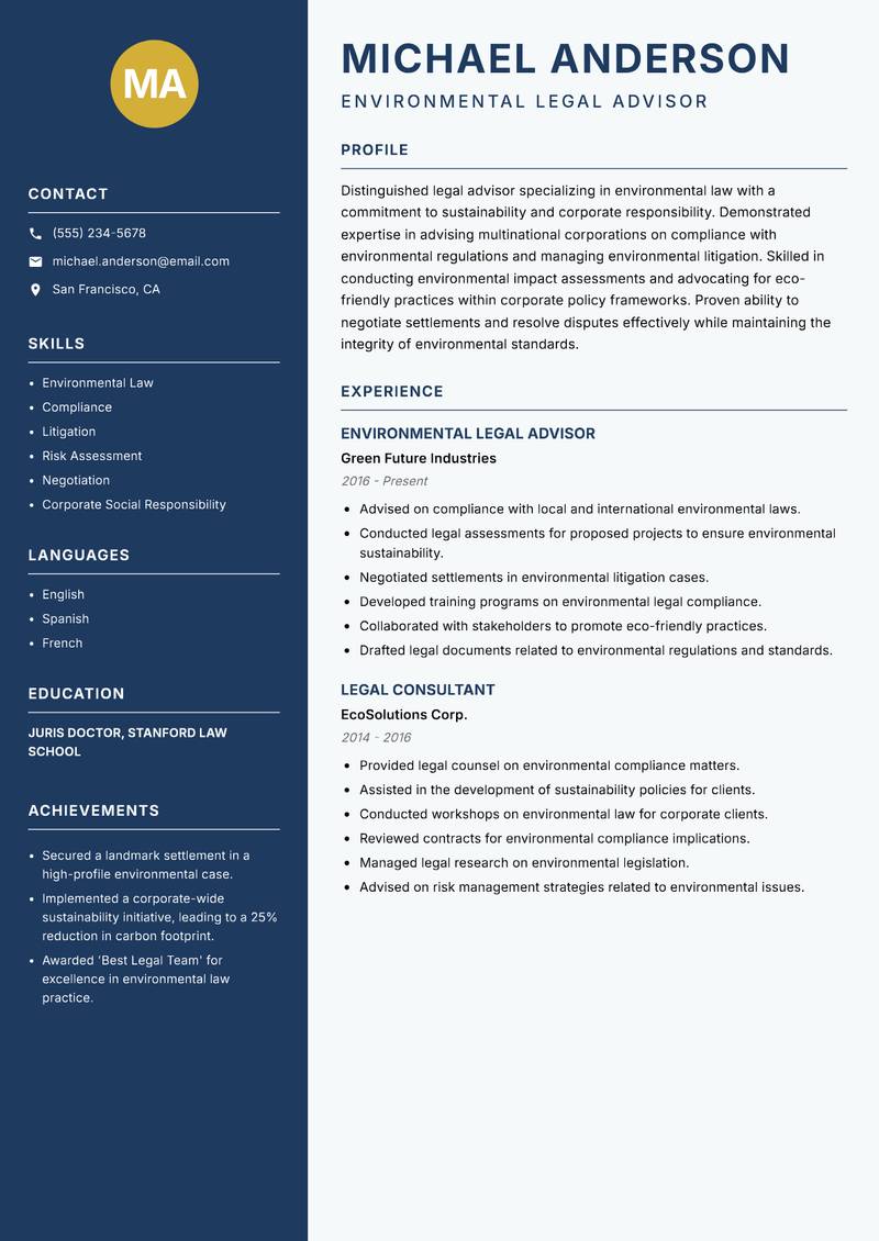 Legal Advisor resume sample — Environmental Legal Advisor focus