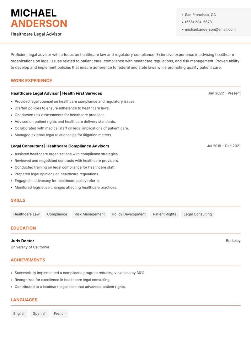 Legal Advisor resume sample — Healthcare Legal Advisor focus