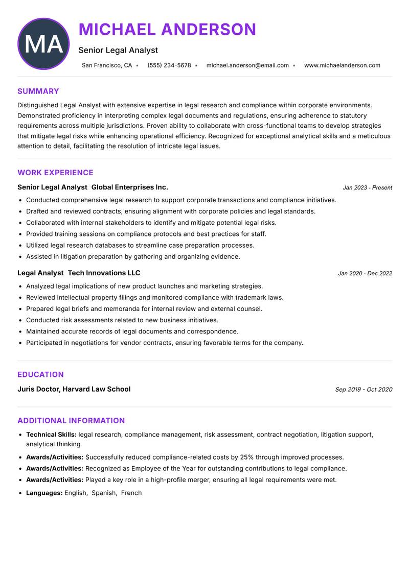Legal Analyst resume example