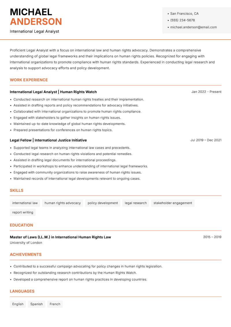 Legal Analyst resume sample — International Legal Analyst focus