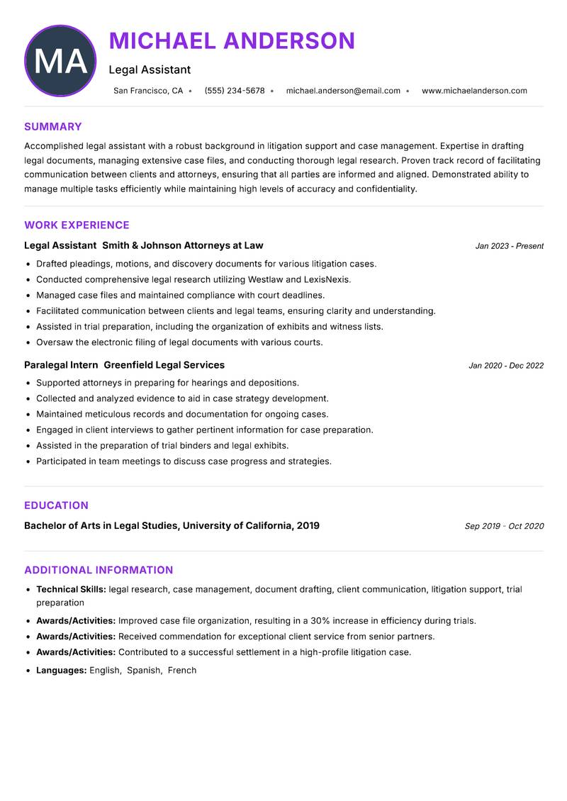 Legal Assistant resume example