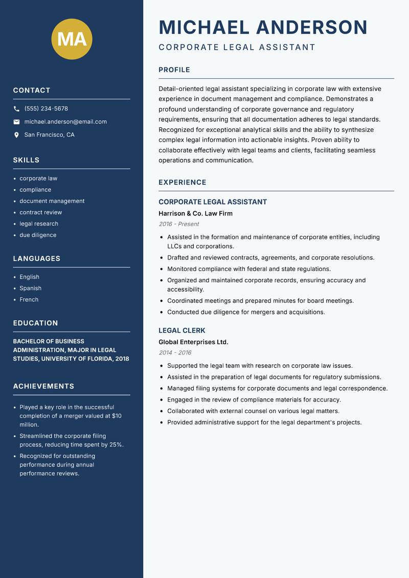 Legal Assistant resume sample — Corporate Legal Assistant focus
