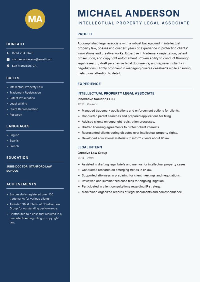 Legal Associate resume sample — Intellectual Property Legal Associate focus