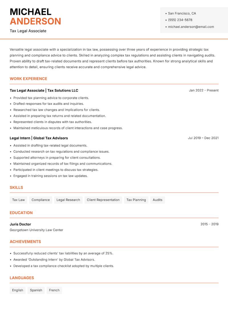 Legal Associate resume sample — Tax Legal Associate focus