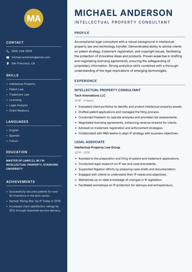 Legal Consultant resume sample — Intellectual Property Consultant focus