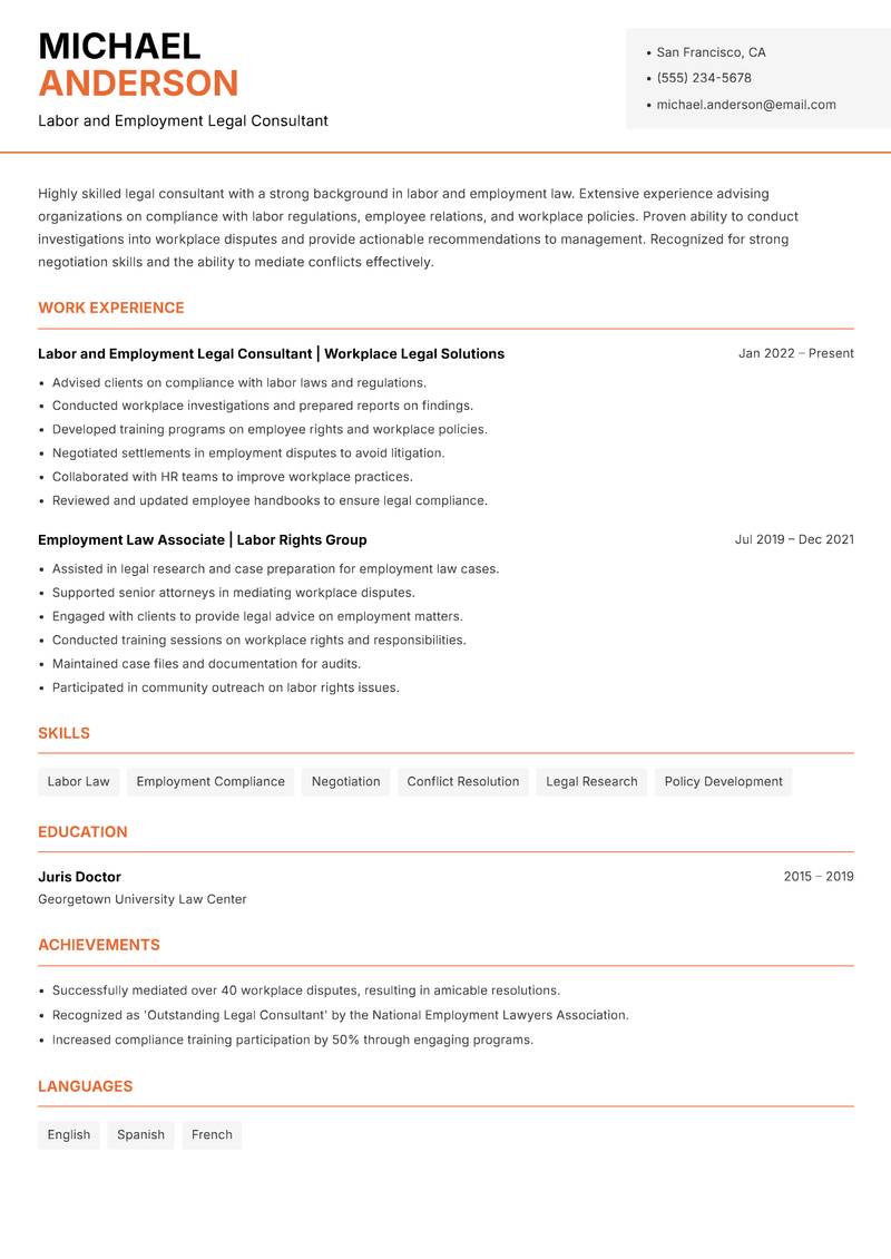 Legal Consultant resume sample — Labor and Employment Legal Consultant focus